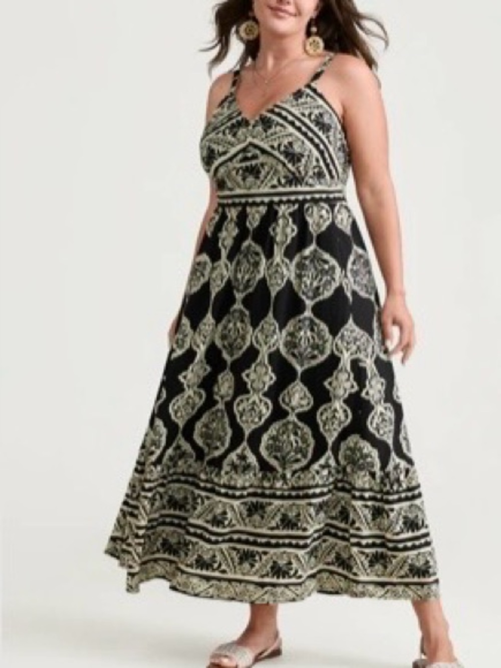 Bloomchic Boho Geometric Print Black and Cream Printed Maxi Dress- LG- (12)NEW